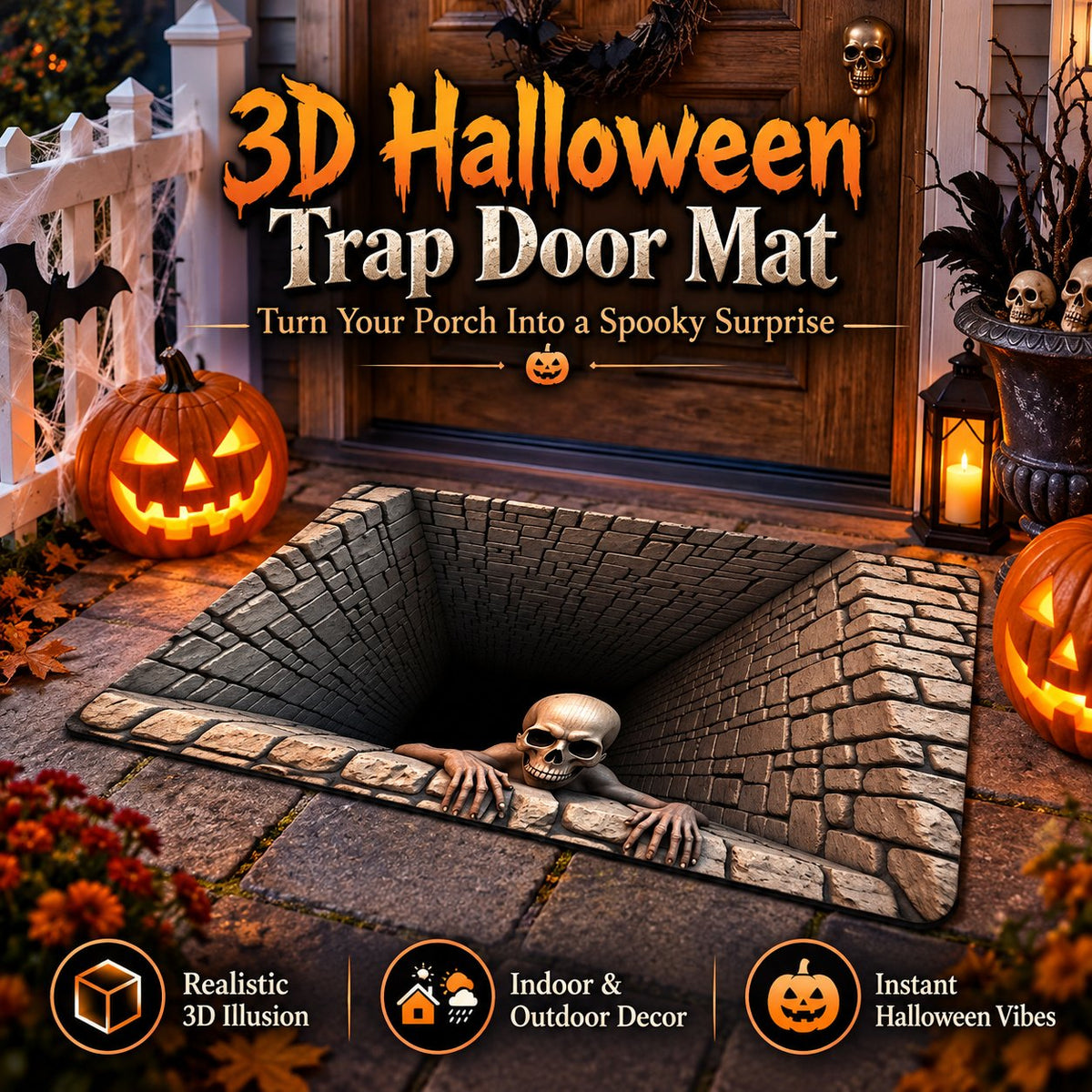 🔥 Last Day 50% OFF✨-💀3D Illusion Skull Pit Mat – Halloween Area Rug with Skeleton Crawling Out of a Hole