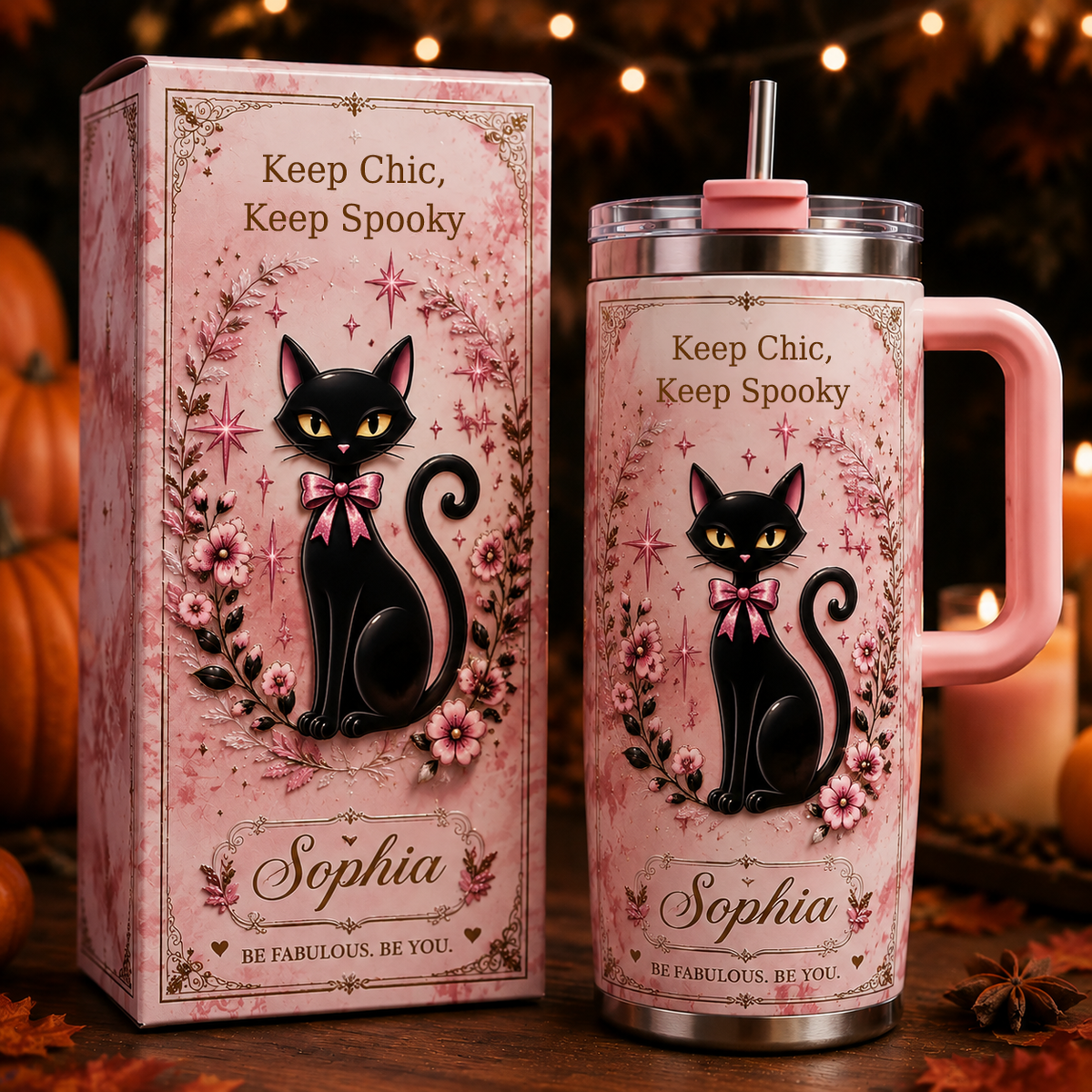 🐈⬛Personalized Name Black Cat Tumbler 🎁 30oz / 40oz Handle Stainless Steel Insulated Cup, Stay Chic Stay Spooky Custom Gift