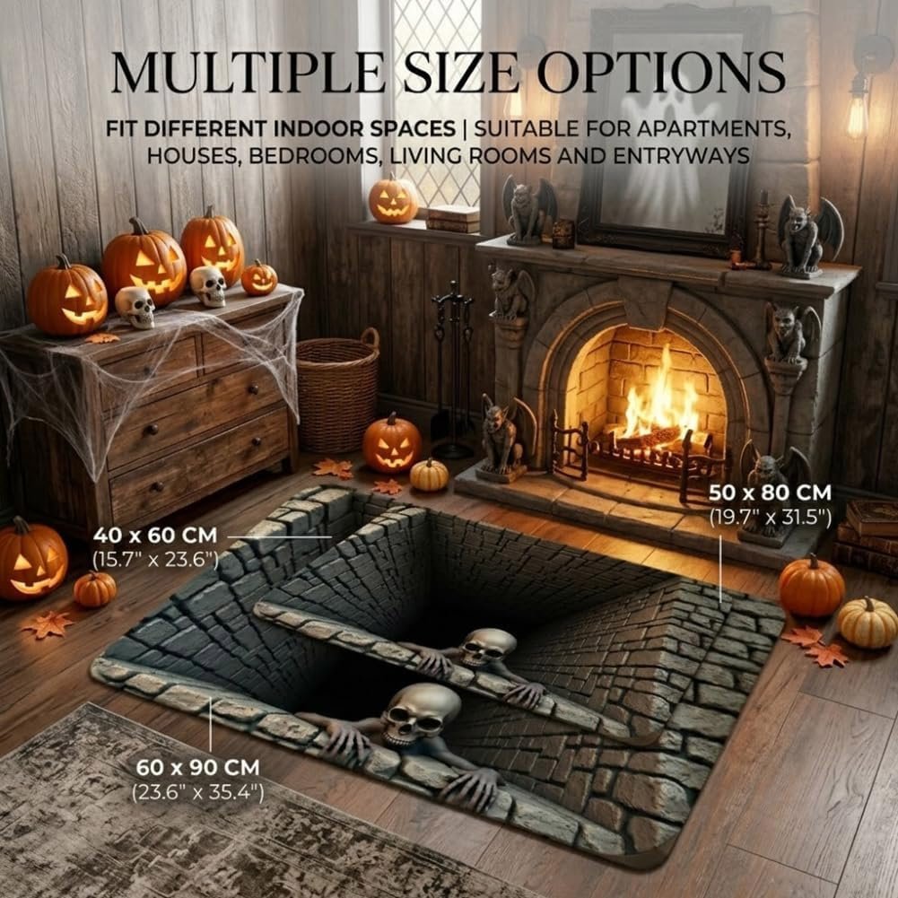 🔥 Last Day 50% OFF✨-💀3D Illusion Skull Pit Mat – Halloween Area Rug with Skeleton Crawling Out of a Hole