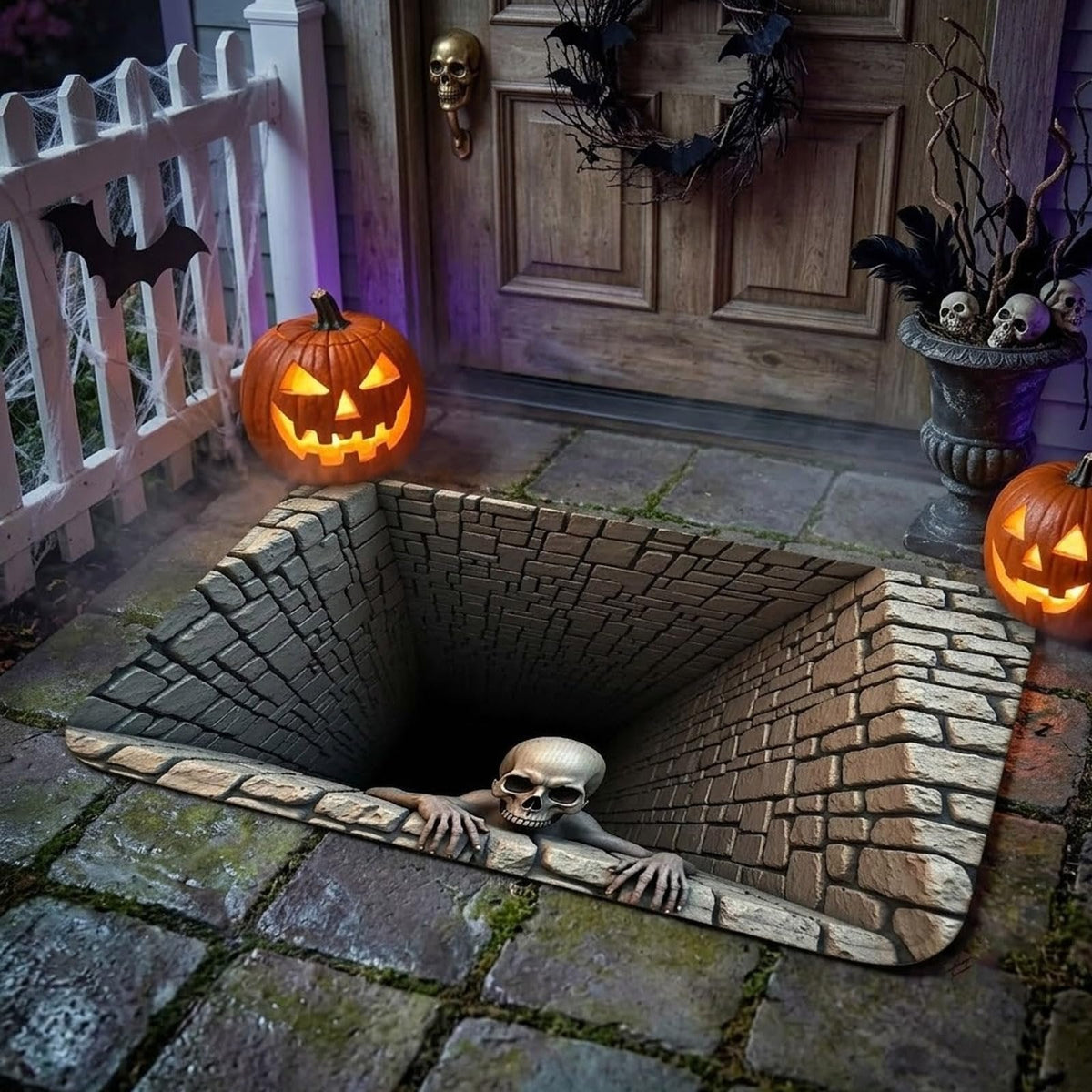 🔥 Last Day 50% OFF✨-💀3D Illusion Skull Pit Mat – Halloween Area Rug with Skeleton Crawling Out of a Hole