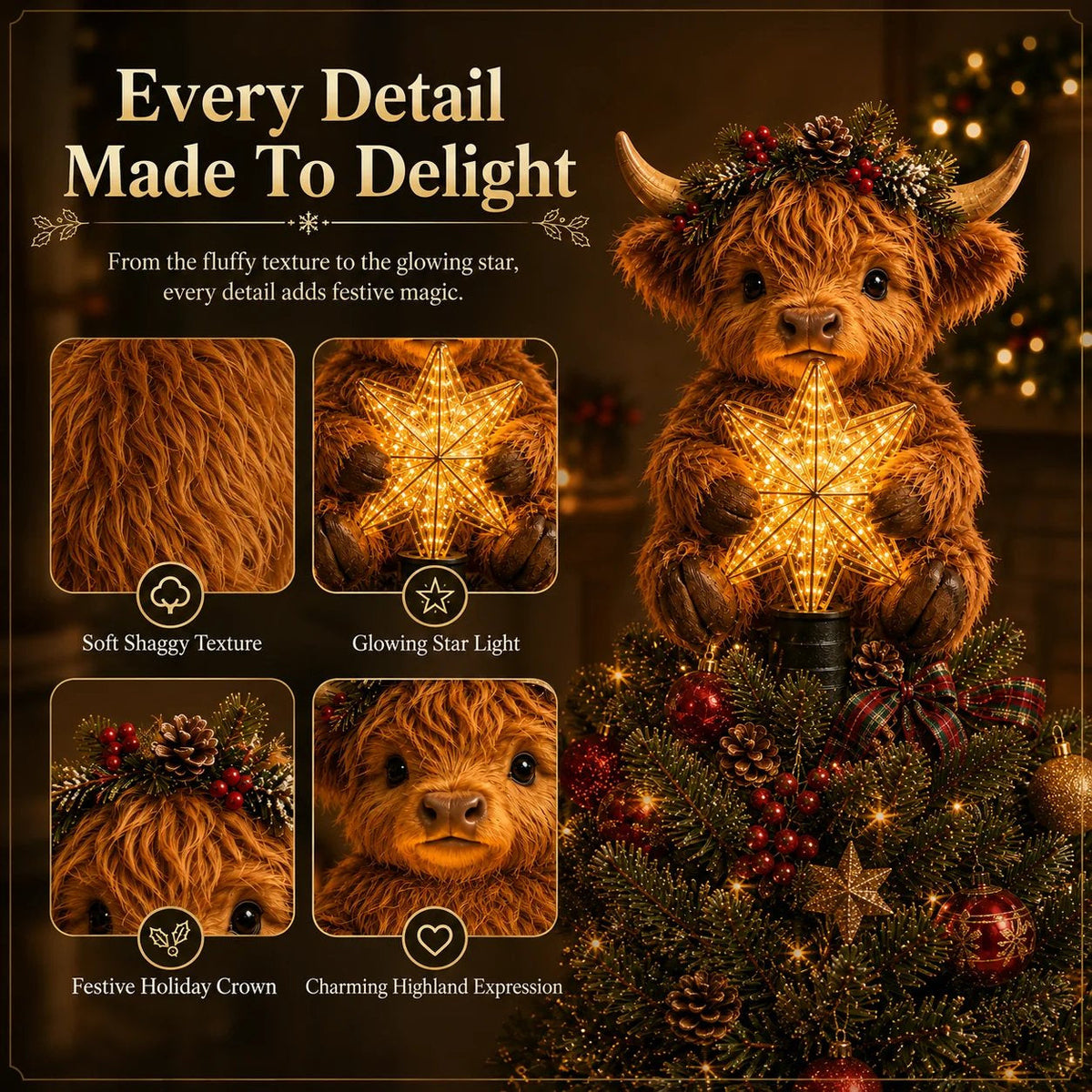 🔥 Holiday Celebration 50% OFF ✨-🐮Baby Highland Cow Glowing Star Tree Topper for Magical Christmas Decor ✨