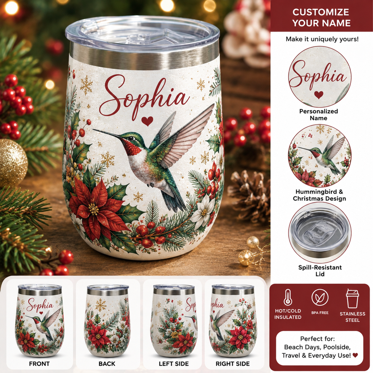 đ
Custom Name Christmas Wine Tumbler đ 2 Festive Animal Designs