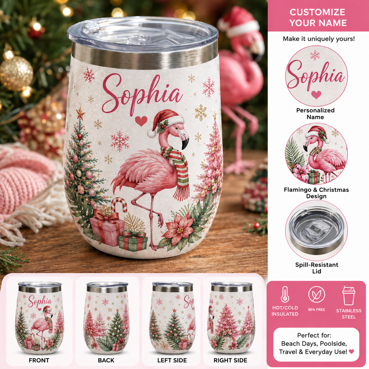 đ
Custom Name Christmas Wine Tumbler đ 2 Festive Animal Designs