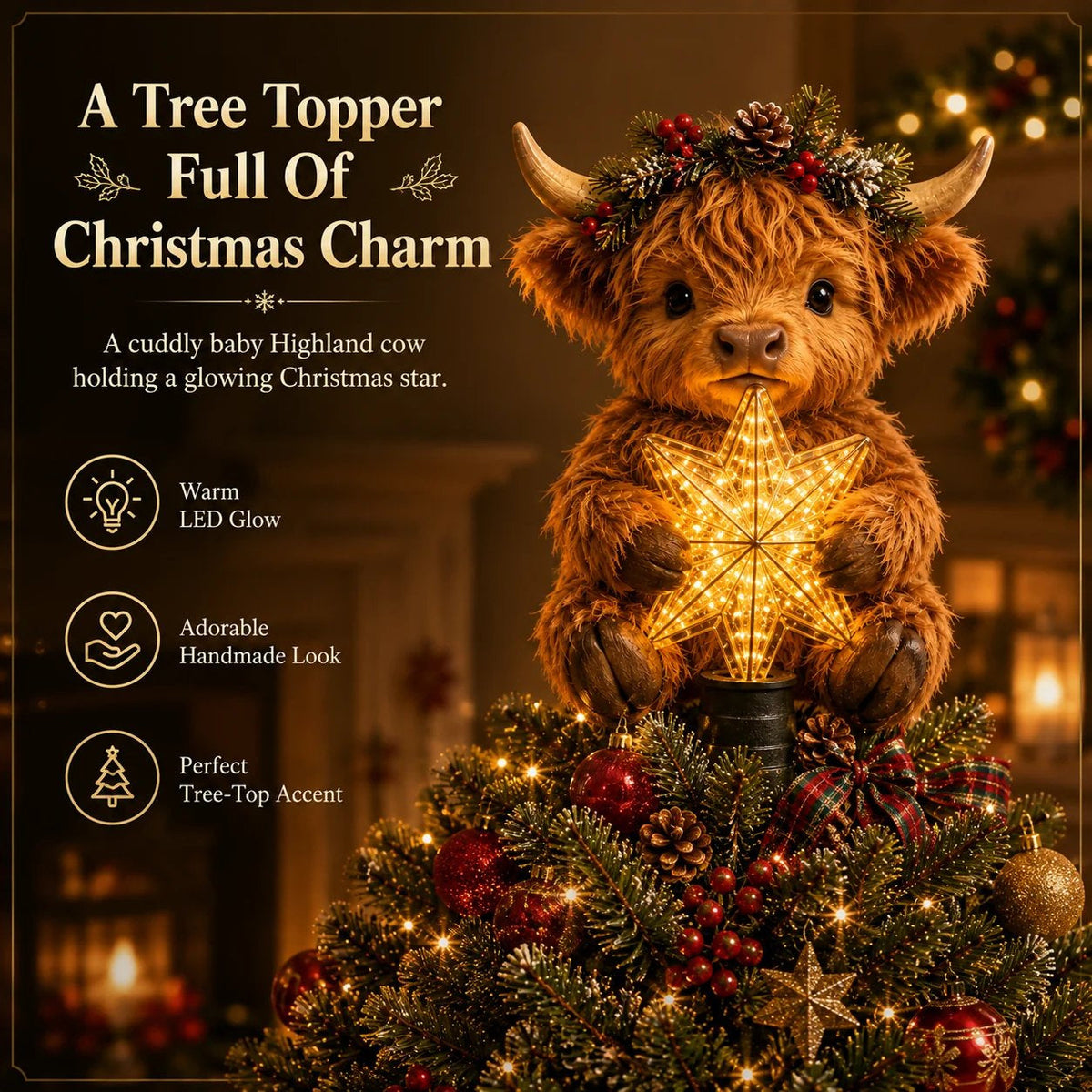 🔥 Holiday Celebration 50% OFF ✨-🐮Baby Highland Cow Glowing Star Tree Topper for Magical Christmas Decor ✨