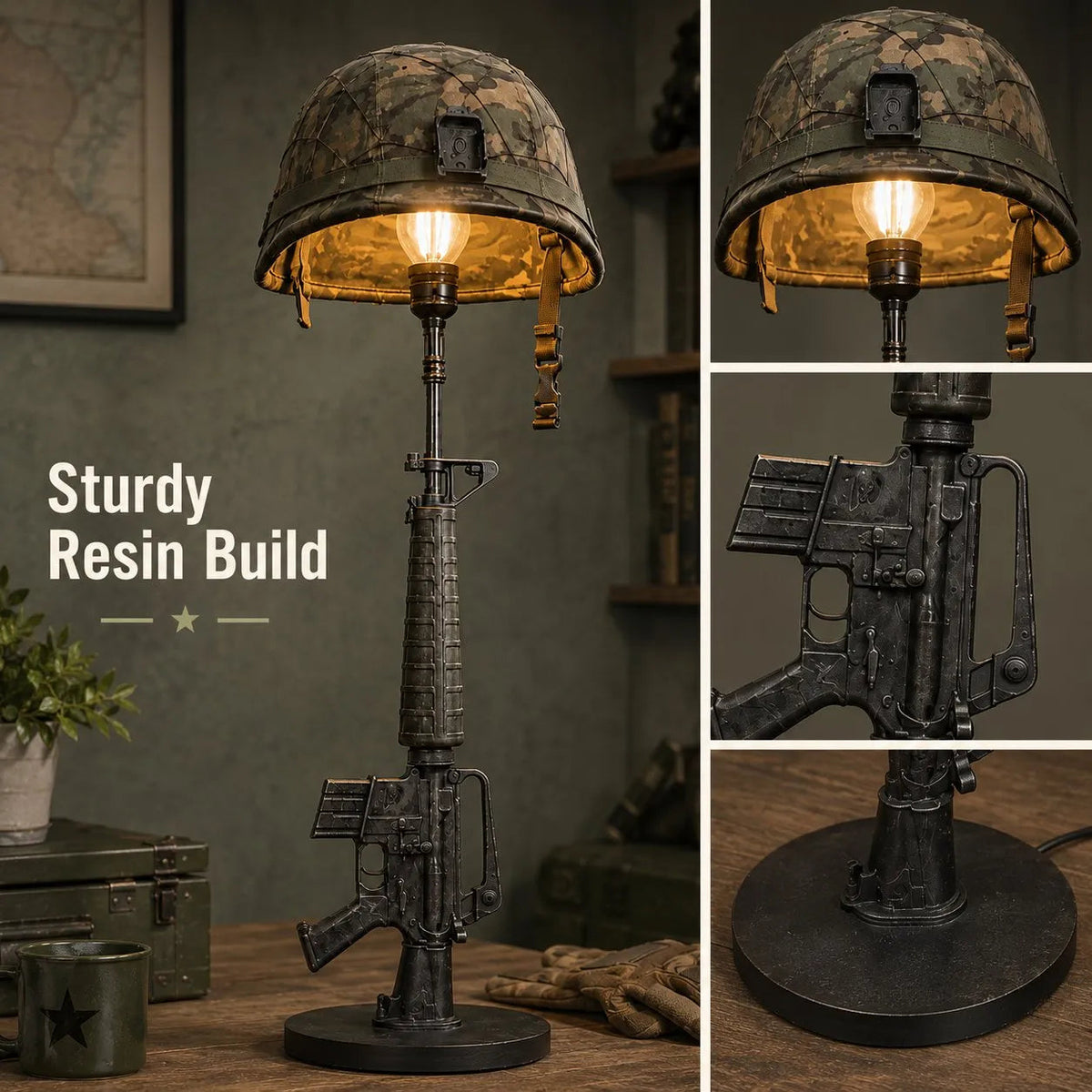 🪖 50% Off Anniversary Special✨-💡Tactical Rifle & Helmet Table Lamp with Trigger Switch for Unique Military-Style Decor 🔥