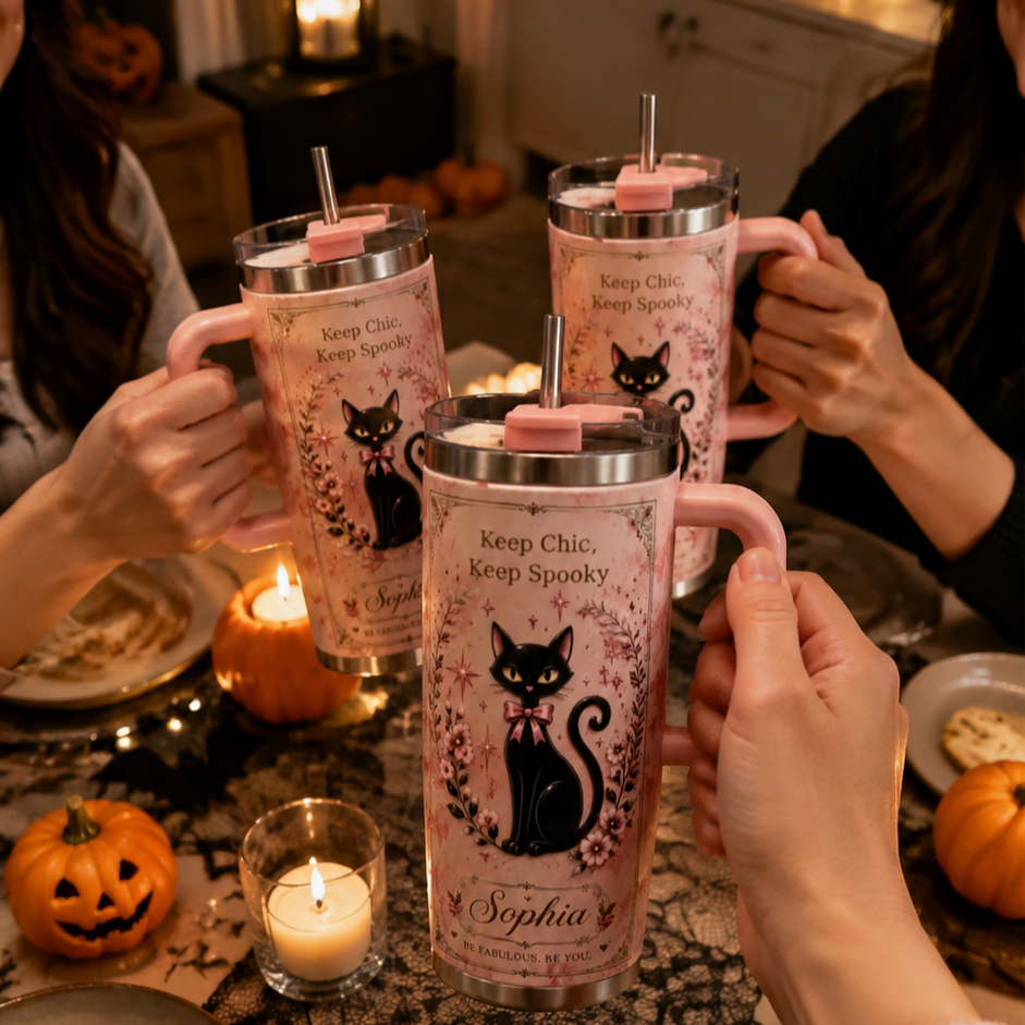 🐈⬛Personalized Name Black Cat Tumbler 🎁 30oz / 40oz Handle Stainless Steel Insulated Cup, Stay Chic Stay Spooky Custom Gift