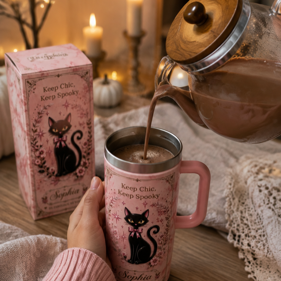 🐈⬛Personalized Name Black Cat Tumbler 🎁 30oz / 40oz Handle Stainless Steel Insulated Cup, Stay Chic Stay Spooky Custom Gift