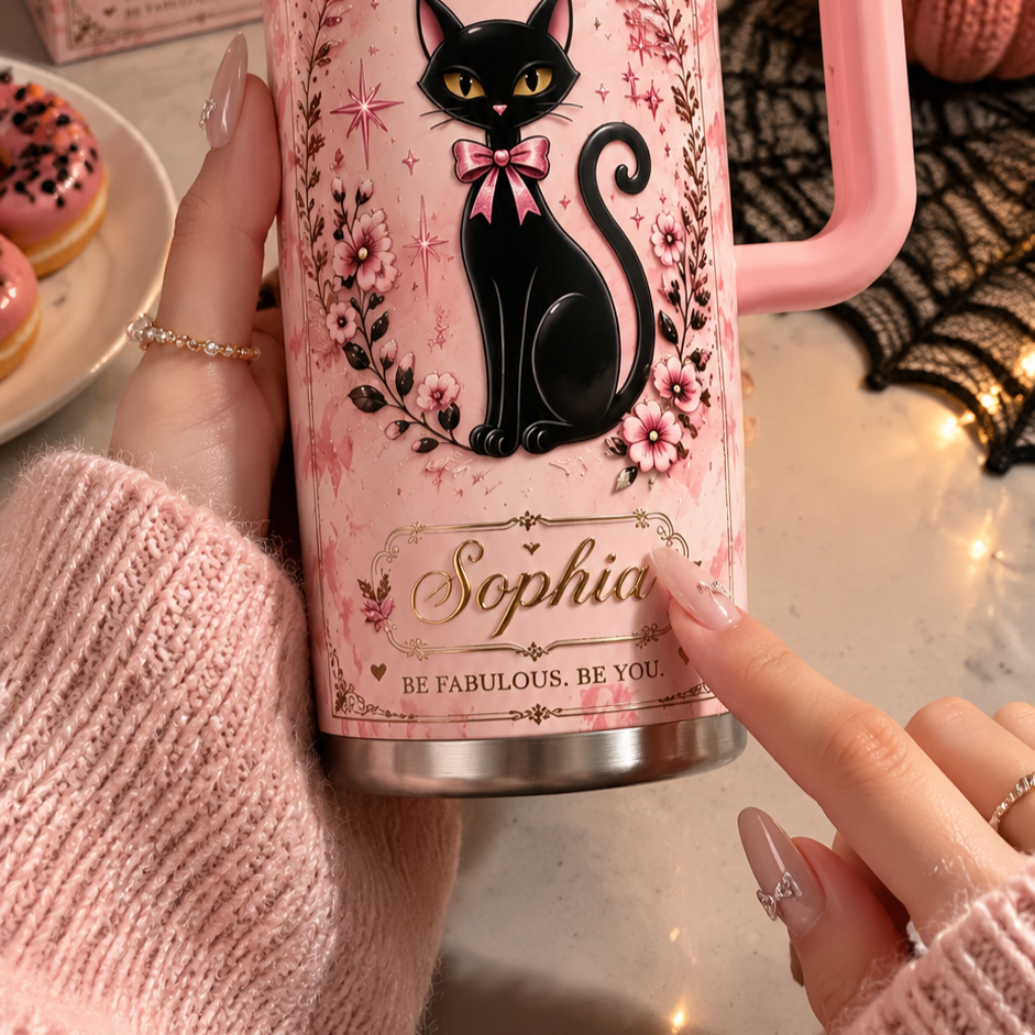 🐈⬛Personalized Name Black Cat Tumbler 🎁 30oz / 40oz Handle Stainless Steel Insulated Cup, Stay Chic Stay Spooky Custom Gift
