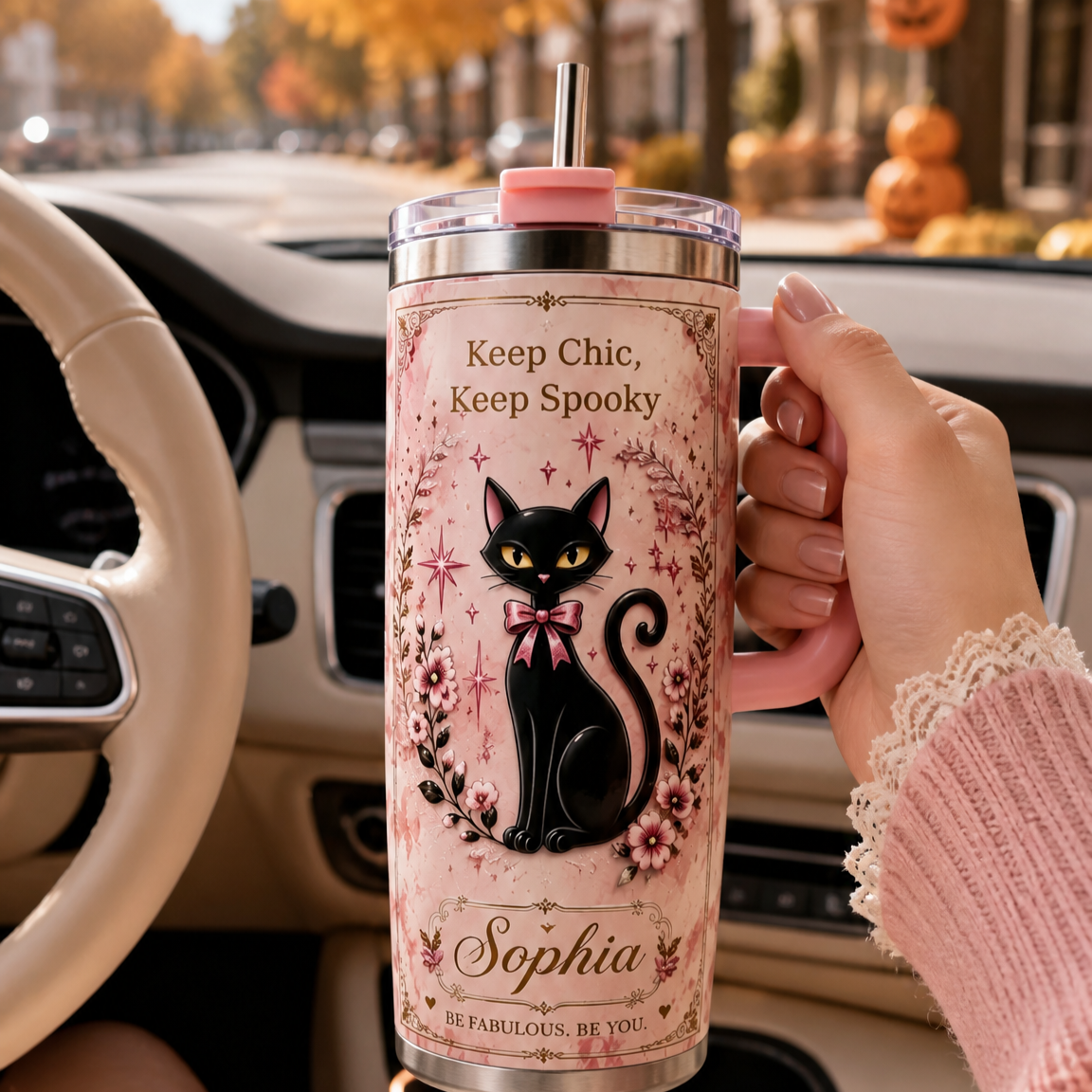 🐈⬛Personalized Name Black Cat Tumbler 🎁 30oz / 40oz Handle Stainless Steel Insulated Cup, Stay Chic Stay Spooky Custom Gift