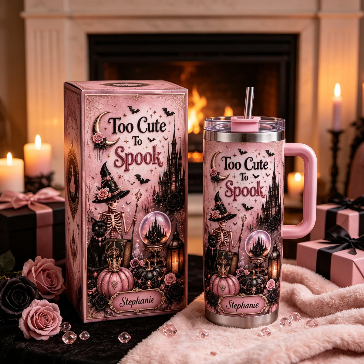 🎀Too Cute To Spook Custom Name Tumbler | Skeleton Witch