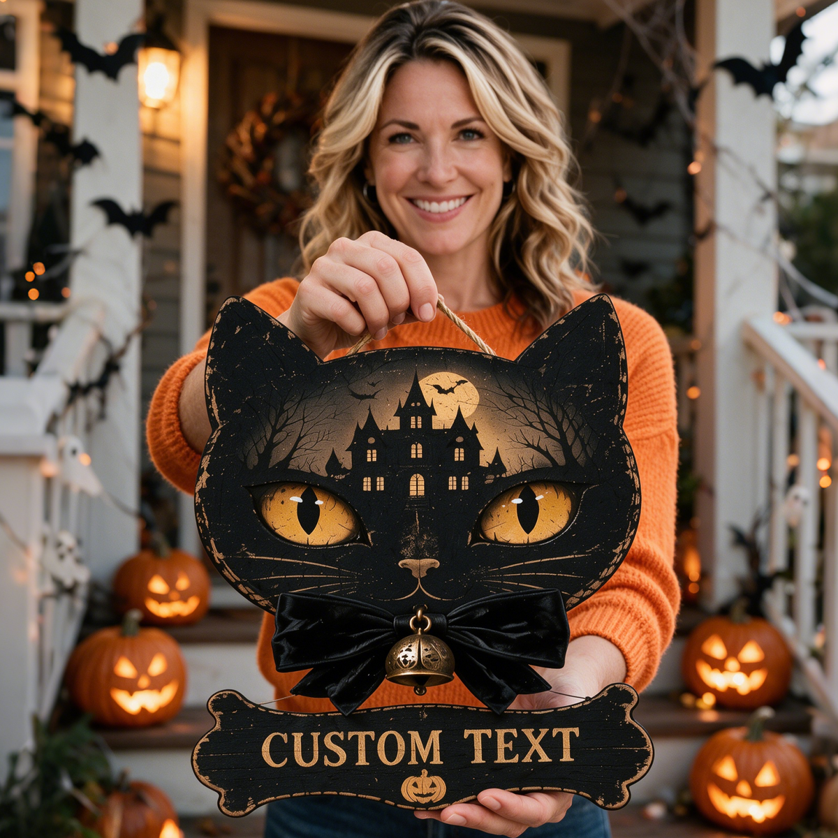 Custom Black Cat Halloween Family Name Sign