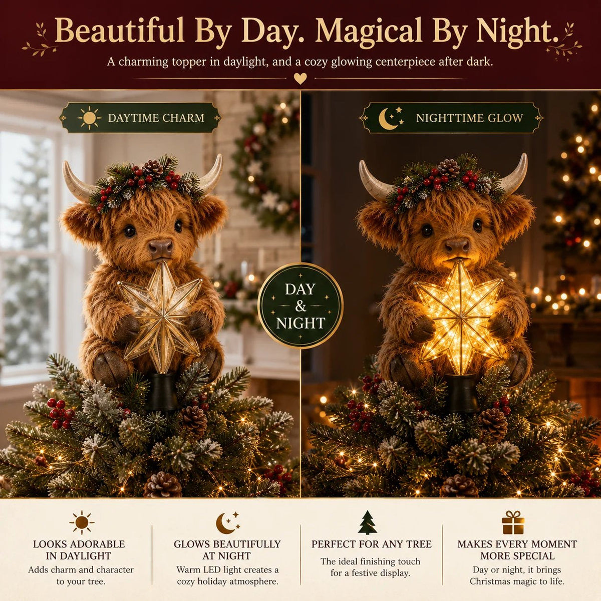 🔥 Holiday Celebration 50% OFF ✨-🐮Baby Highland Cow Glowing Star Tree Topper for Magical Christmas Decor ✨