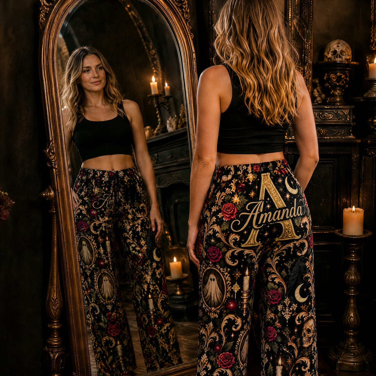 Personalized Haunted Damask Pajama Pants– Custom Initial & Name Gothic Halloween Lounge Pants