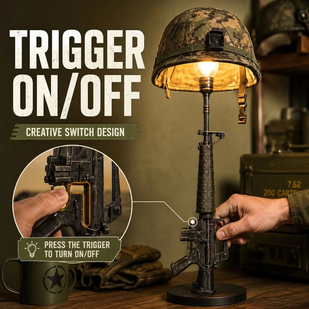 🪖 50% Off Anniversary Special✨-💡Tactical Rifle & Helmet Table Lamp with Trigger Switch for Unique Military-Style Decor 🔥