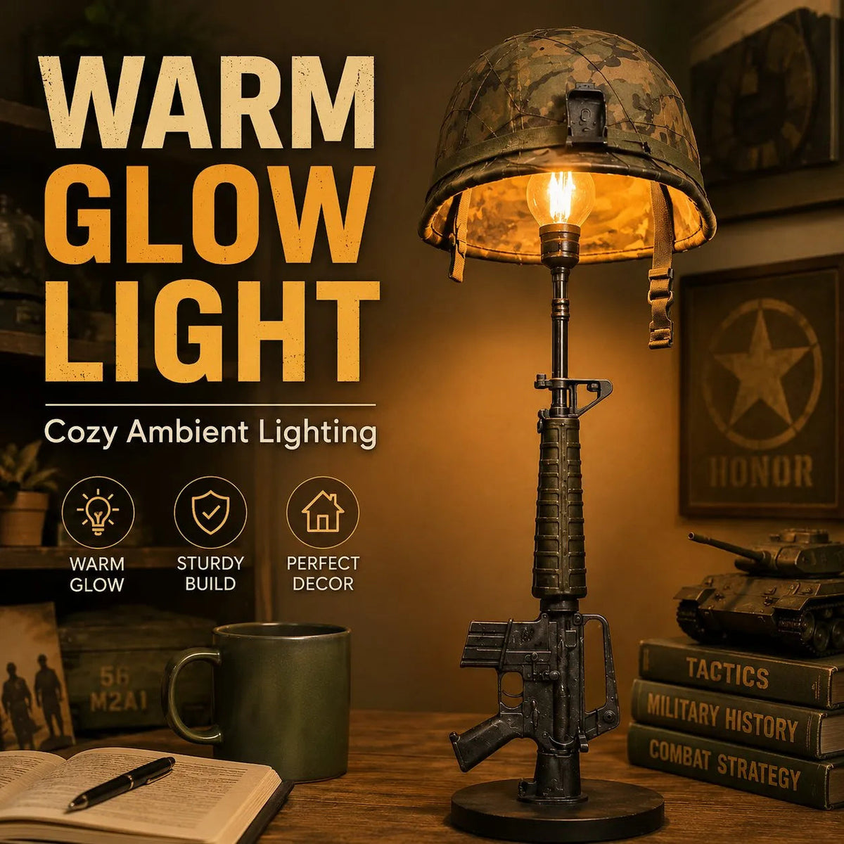 🪖 50% Off Anniversary Special✨-💡Tactical Rifle & Helmet Table Lamp with Trigger Switch for Unique Military-Style Decor 🔥