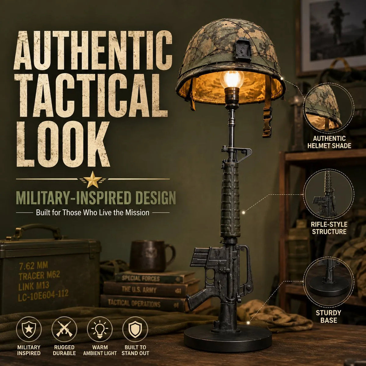 🪖 50% Off Anniversary Special✨-💡Tactical Rifle & Helmet Table Lamp with Trigger Switch for Unique Military-Style Decor 🔥