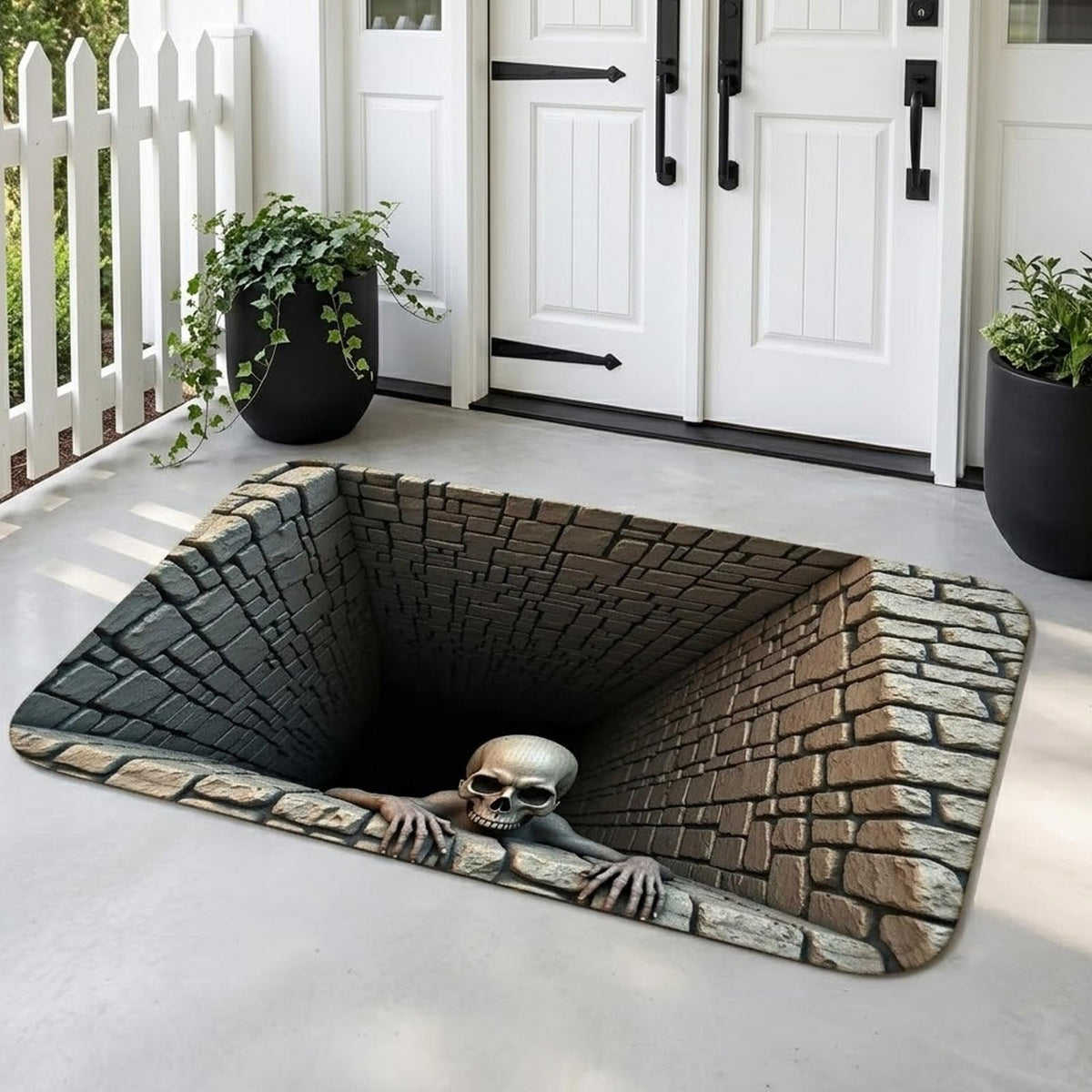 🔥 Last Day 50% OFF✨-💀3D Illusion Skull Pit Mat – Halloween Area Rug with Skeleton Crawling Out of a Hole