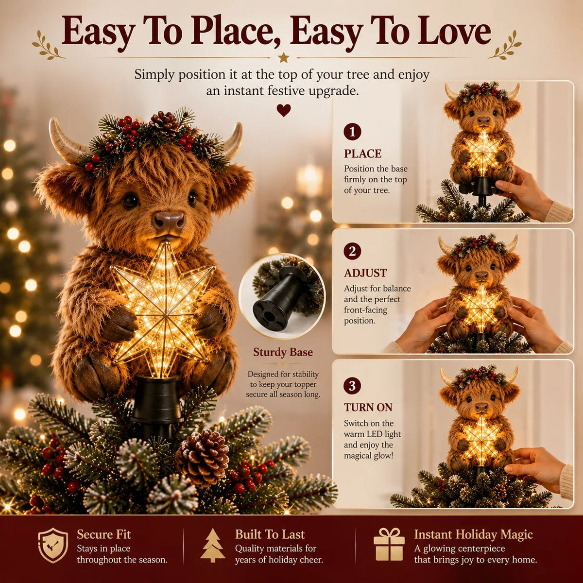 🔥 Holiday Celebration 50% OFF ✨-🐮Baby Highland Cow Glowing Star Tree Topper for Magical Christmas Decor ✨