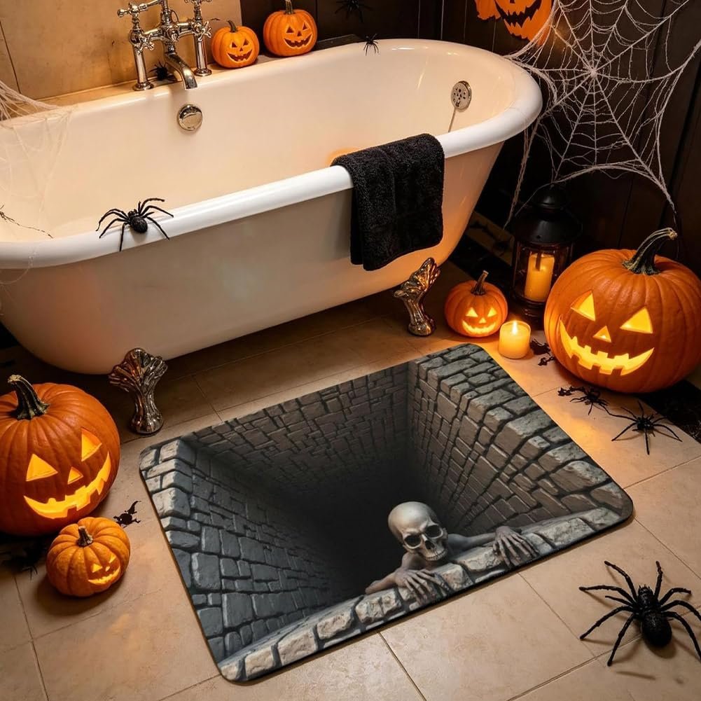 🔥 Last Day 50% OFF✨-💀3D Illusion Skull Pit Mat – Halloween Area Rug with Skeleton Crawling Out of a Hole