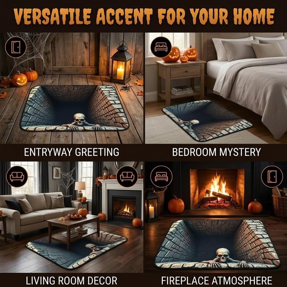 🔥 Last Day 50% OFF✨-💀3D Illusion Skull Pit Mat – Halloween Area Rug with Skeleton Crawling Out of a Hole