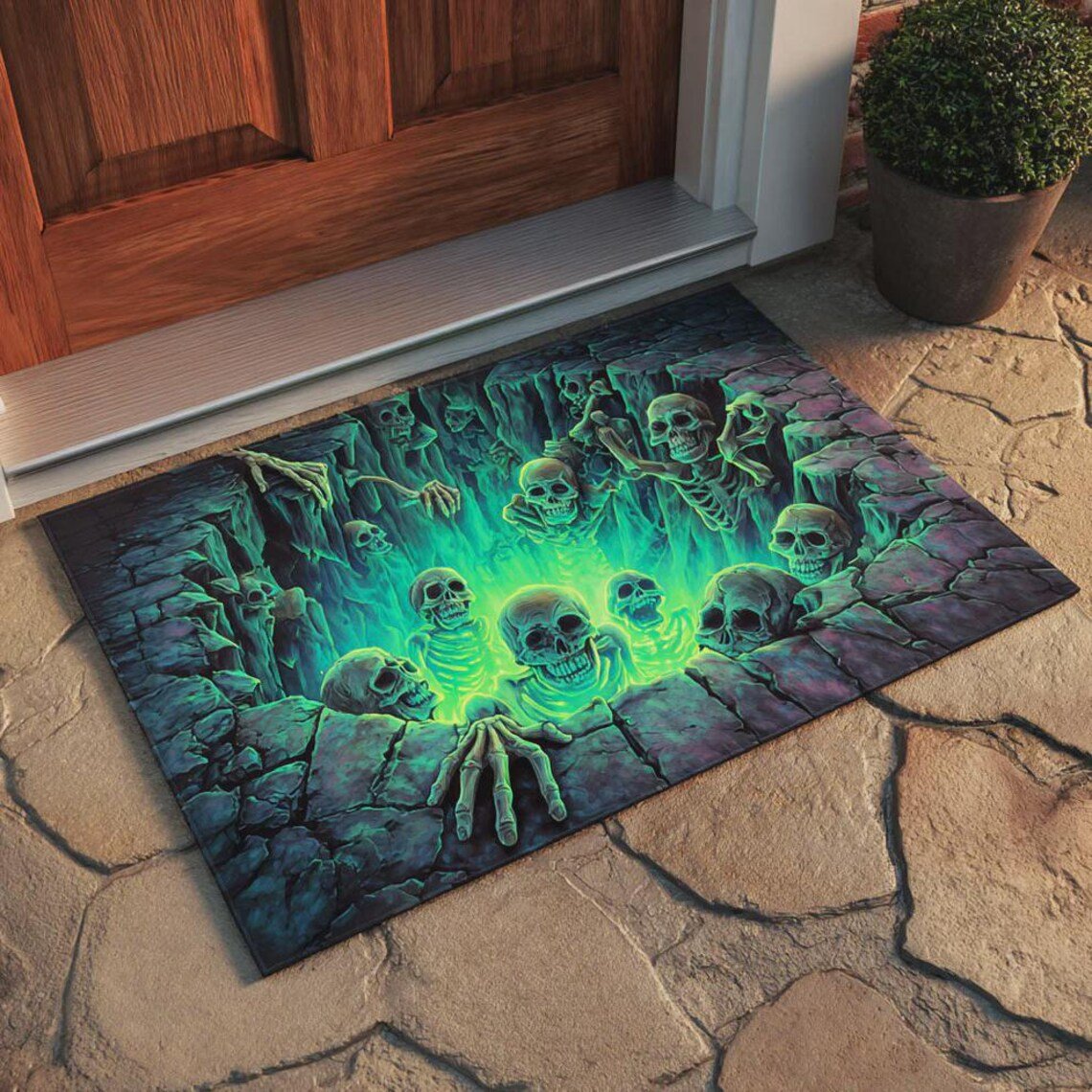 🔥 Last Day 50% OFF✨-💀3D Illusion Skull Pit Mat – Halloween Area Rug with Skeleton Crawling Out of a Hole