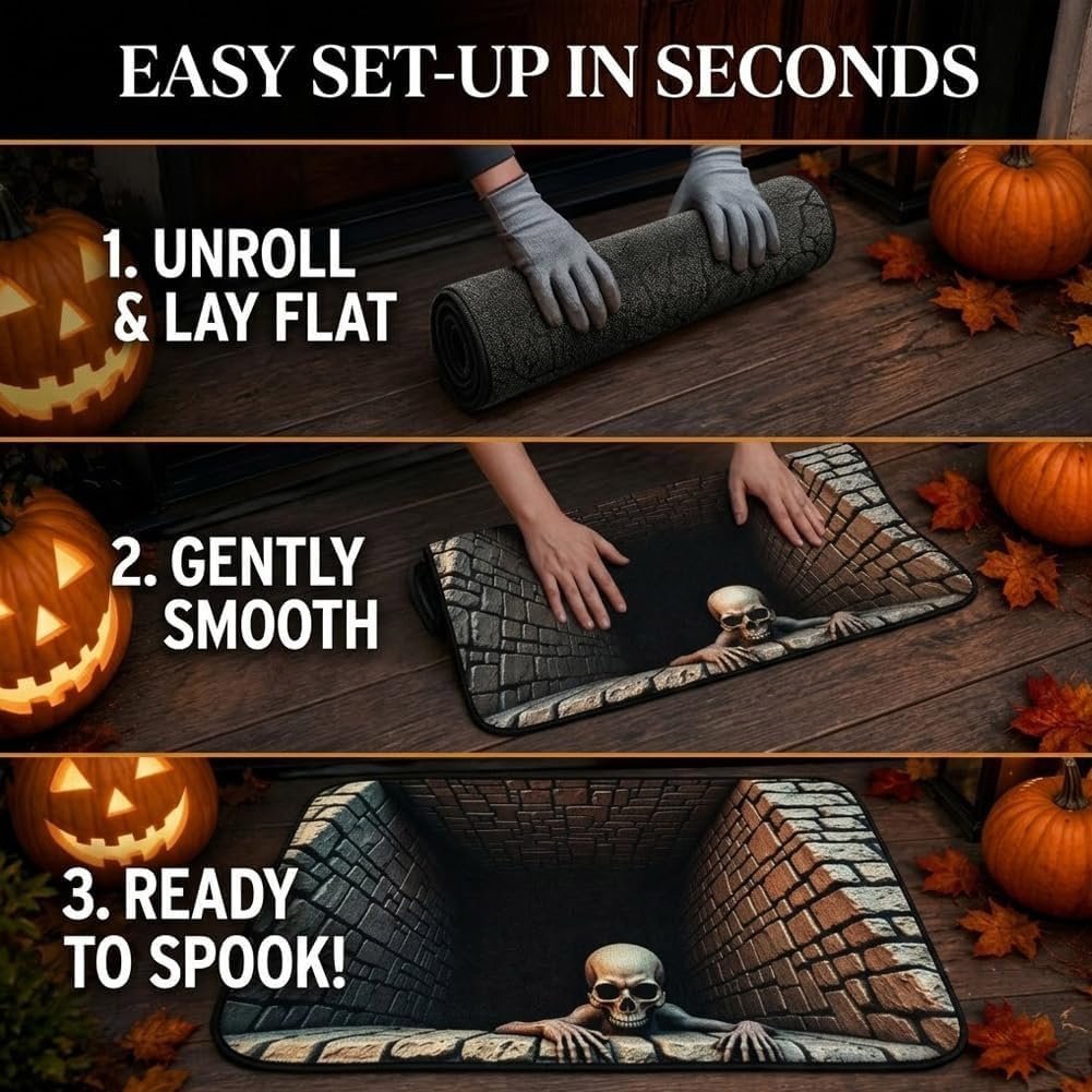 🔥 Last Day 50% OFF✨-💀3D Illusion Skull Pit Mat – Halloween Area Rug with Skeleton Crawling Out of a Hole