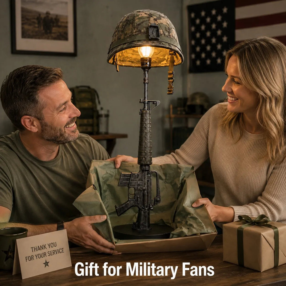 🪖 50% Off Anniversary Special✨-💡Tactical Rifle & Helmet Table Lamp with Trigger Switch for Unique Military-Style Decor 🔥